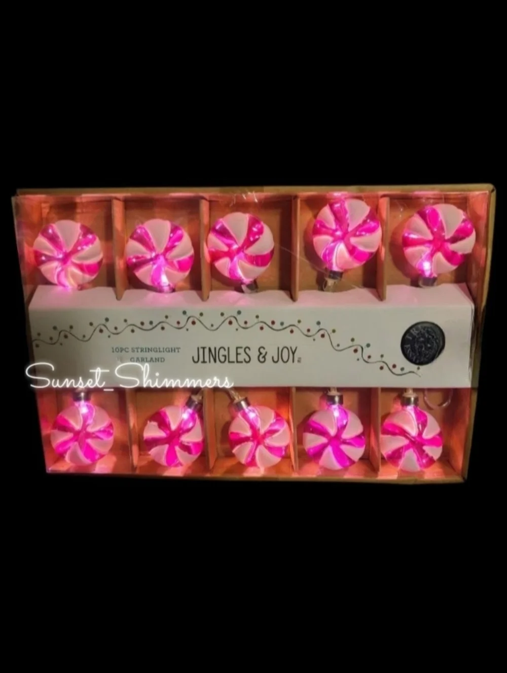 10pc Vintage String Light Garland 10' Pink Peppermint Candy Cane Swirl New